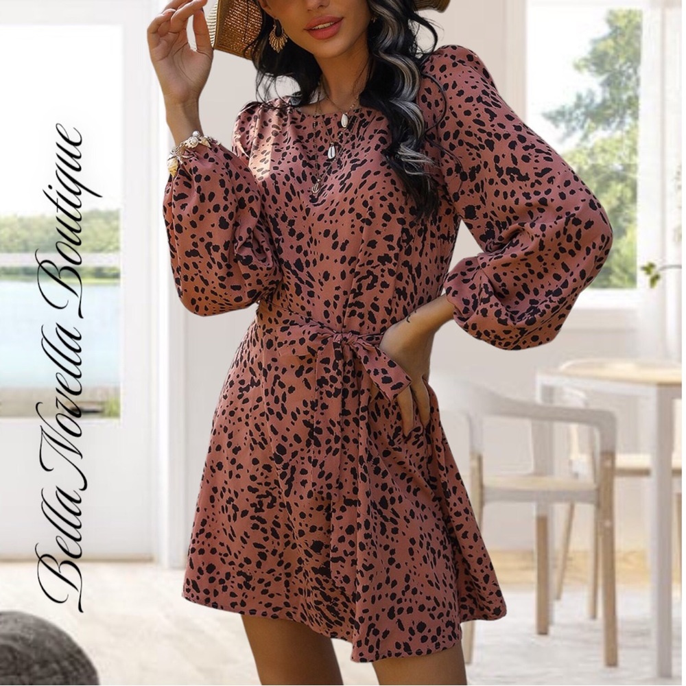 Dalmatian Print Belted Mini Dress Dusty Rose & Black sz XL